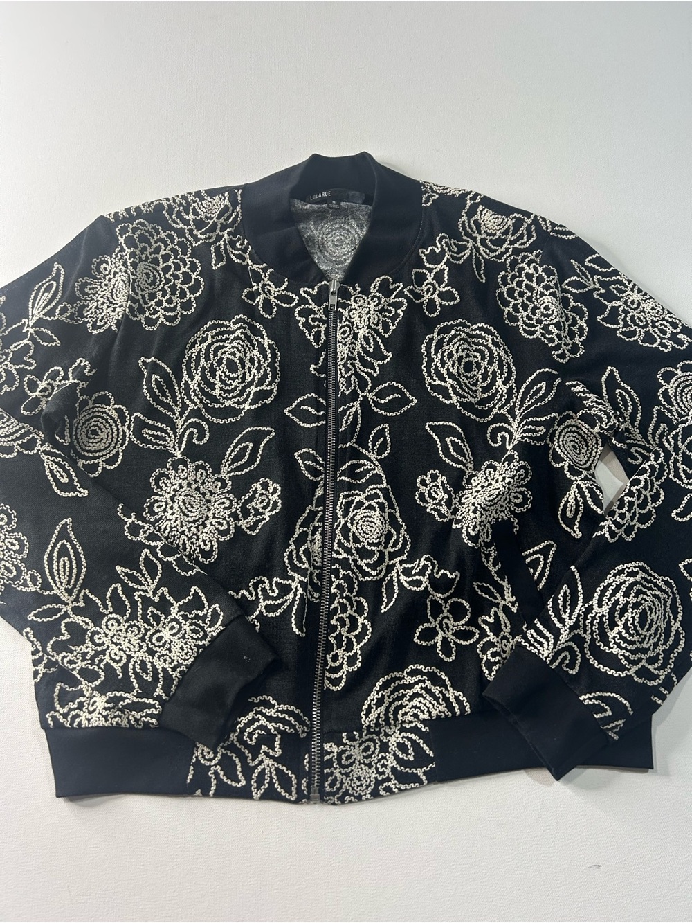 Lularoe Medium Black Floral Embroidered Lightweight Zip Up Jacket